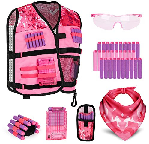 Lehoo Castle Taktische Weste Jacke Set für Nerf Guns N-Strike Elite, Taktische Weste für Kinder, mit 30 Darts, Brille, Schnell Nachladen Clips, Maske und Armbände(Rosa)