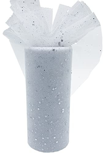 Glitzertüll Pailletten Tüll Stoff 15CM x 25 Yards Tüllband Dekostoff Tüll Rolle für Hochzeit Geburtstag Partyzubehör Bankett Deko Handwerk Rock Schleife Geschenkverpackung Floristik (Weiß)