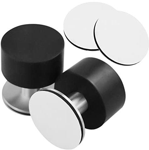 2pcs Black Self Adhesive Stainless Steel Rubber Door Stops with Strong Sticky Adhesive and 2 Stickers - Heavy Duty Top Door Stops for Floor