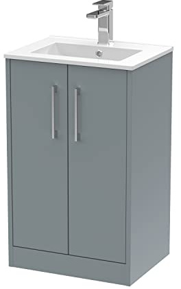 Hudson Reed JNU2301B Juno Modern Bathroom Floor Standing 2-Door Vanity with Minimalist Ceramic Basin, 500mm, Matt Coastal Grey