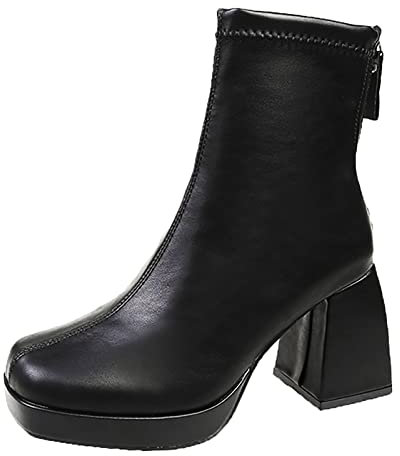 Anfibi Donna Moda Donna in Pelle Artificiale Tinta Unita Autunno Suola Spessa Tacchi Quadrati Cerniera Stivaletti Punta Quadrata Scarpe