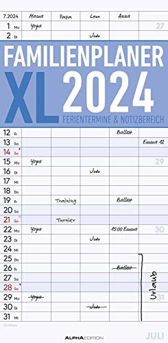 Familienplaner XL 2024 mit 5 Spalten - Familien-Timer 22x45 cm - Offset-Papier - mit Ferienterminen - Wand-Planer - Familienkalender - Alpha Edition