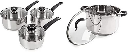 Morphy Richards 970003 Equip 3 Piece Pan Set-Stainless Steel, Set of 3 & Tower T80837, Casserole Dish, 24cm- Stainless Steel, Silver, 26 x 28 x 17 cm
