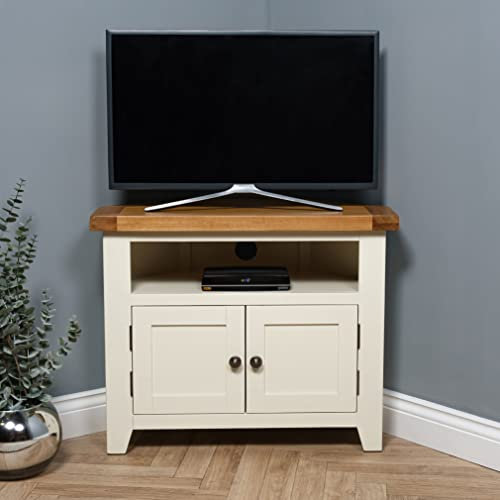 Elm home and garden Oak Painted Cream Off white 2 Door Corner Tv Video Unit Fully Assembled 65 cm high x 80 cm Wide x 40 cm Deep