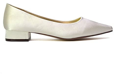 ESSEX GLAM Womens Low Heel Bridal Shoes Ladies Slip On Pointed Toe Flats Wedding Evening Party Ivory Satin Pumps Size 6
