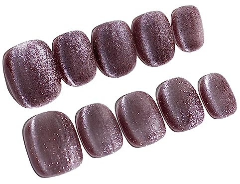Sun&Beam Nails Handmade Press On Short Round with Grey Taupe Color Cat Eye Design Charm Cute False Nail Tips 10 Pcs (#96 S)