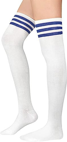 Durio Kniestrümpfe Damen Overknee Socken Lange Strümpfe Überknie Gestreift Socken Kniestrümpfe Karneval Halloween Kostüm Cosplay Kostüm Mädchen Weiß mit Blaue Streifen Einheitsgröße