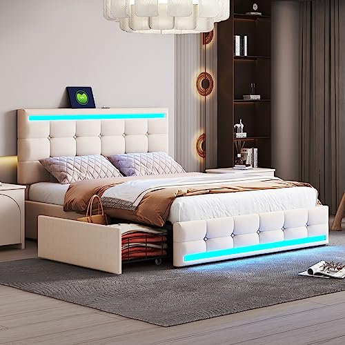 Merax Polsterbett 140 x 200 cm, Bett mit LED Beleuchtung, Lattenrost, verstellbares Kopfteil, 4 Schubladen und 2 USB-Ladestationen, Stauraumbetten, Leinen-Oberfläche, Jugendbett, Ohne Matratze, Beige