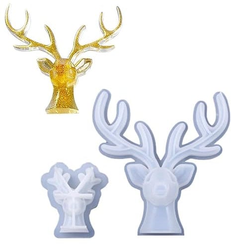 2 Stück Hirsch Silikonform, 3D Silikonform für Geweih Ständer zur Aufbewahrung mit Holz Support Board Hirschkopf Epoxid Formen Ständern Hirsch Elch Harzformen Gießformen für Ornamente Dekoration