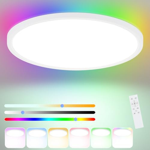 ZMH Deckenlampe LED Deckenleuchte RGB - Ø30cm Schlafzimmerlampe Flach Farbwechsel Dimmbar mit Fernbedienung 24W Schlafzimmer Deckenbeleuchtung Rund Badezimmerlampe IP44 für Kinderzimmer Badezimmer