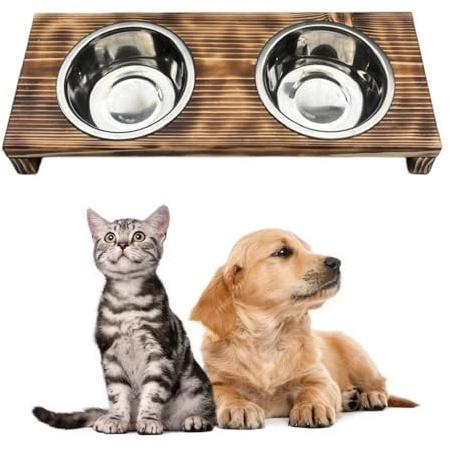 Futterstation Doppelnapf Pet Diner Holz Ständer Hundenapf Katzennapf Hundebar Futterbar handgefertigt 50 x 19,5 x 7,5 cm 0,9 L