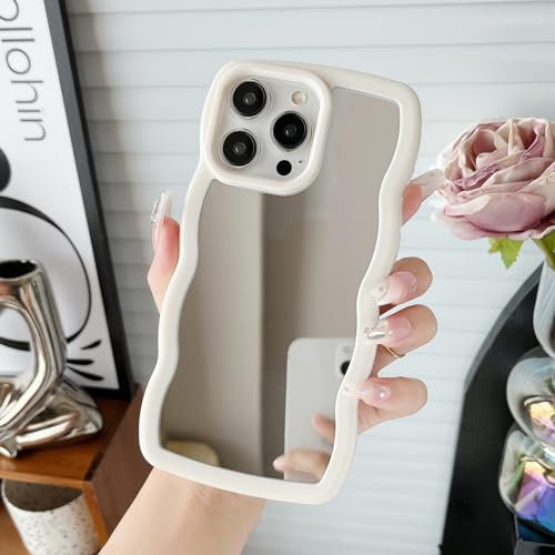 Jmltech for iPhone 15 Pro Max Case Mirror Curly Wave Frame Shape Silicone Cute Shockproof Utra Thin Protective Phone Cases for iPhone 15 Pro Max Beige