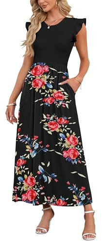 AUSELILY Women Floral Maxi Dress Ruffle Petal Short Sleeve Dresses with Pockets Casual Elastic High Waist Long Dress Rose Black,M