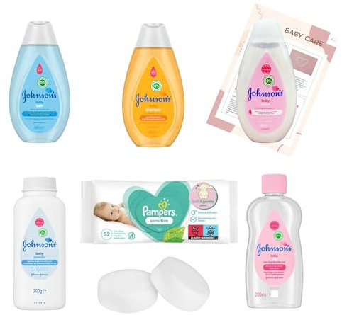 Baby Bath Bundle Set - Complete Newborn Care Kit - Baby Bath, Shampoo, Lotion (300ml), Oil (200ml), Powder (200g) and 52x Wipes Bundled with Sponges