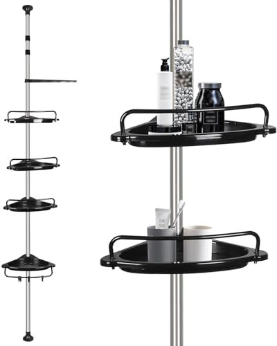 OHMG Etagère d'angle Téléscopique,Étagère de Douche Réglable en Hauteur,Étagère d'angle de Salle de Bain en Acier INOX et Plastique,4 Plateaux,1 Crochets,3 Porte-Serviettes(254-304cm)