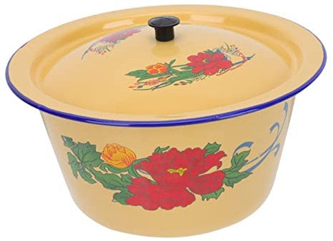 PRETYZOOM 1pc Vintage Enamel Bowl with Lid Retro Enameled Kitchen Pot for Cooking and Serving Antique Oil Basin Random Pattern for Storing Spices and Food