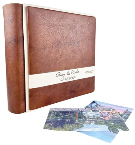 Album Fotografico Artigianale - Marte Cuoio - in Vero Cuoio con profilo ed inserto in ecopelle, Personalizzabile classico con velina,Matrimonio,Compleanno,Regalo,Wedding,Anniversario (Tè)