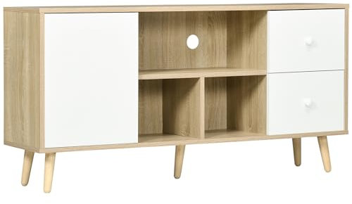 HOMCOM Meuble TV Banc TV jusqu'à 45 Pouces Pattes en Bois Massif 3 niches 1 Meuble avec Porte et 2 tiroirs