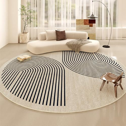 Iyoimono Beige Runder Teppich 200cm - Flauschiger Fellteppich Mit Geometrischem Muster - Kaschmirimitat Für Wohnzimmer, Schlafzimmer, Kinderzimmer - Weich, Rutschfest, Maschinenwaschbar