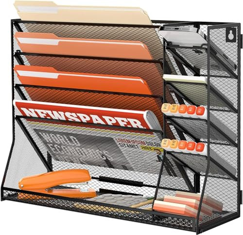 SUPTIDY Mesh Desk Organiser, 5-Tier Magazine Rack with 4 Pen Holders, Wall File Holder for Office with R-shaped Bottom Paper Tray, Desk Tidy Organiser for Office Accessories, Black