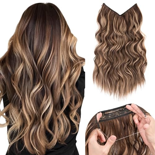 Silk-co Haarverlängerung mit Gummiband, Einstellbar Secrets Haarteil Synthetik, Extensions mit Schnur und Clips, Lange Gewellt Extensions für Frauen, 50cm Honigblond Gemischt Hellbraun