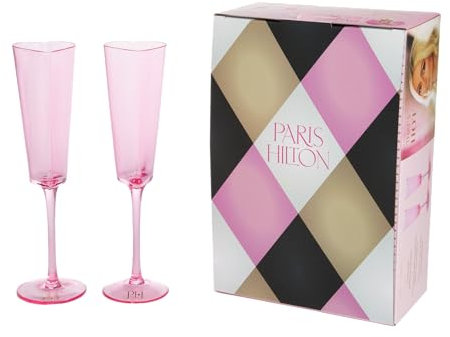 Paris Hilton Champagnerflöten-Geschenk-Set in Herzform, elegantes, handgefertigtes Glasgeschirr-Set, perfekt für Feiern, Hochzeiten oder jeden besonderen Anlass, 2-teiliges Set, 155 ml, Rosa