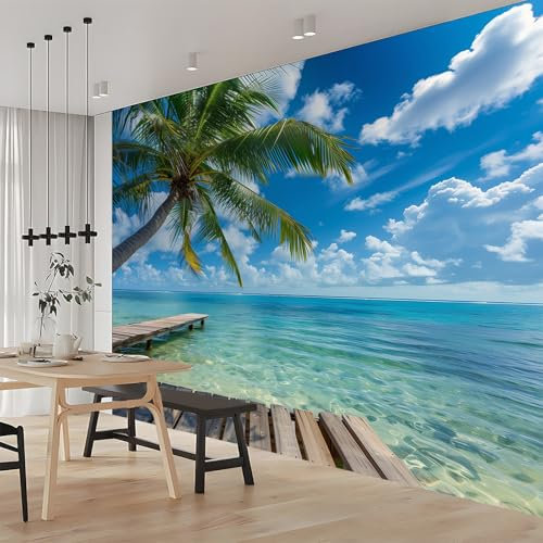 Générique Papier Peint Paysage Marin Palmiers Bleu 300x210 cm 3D Panoramique Murale Salon Papier Peint intissé pour Chambre Salon Personnalisé Décoration Murale