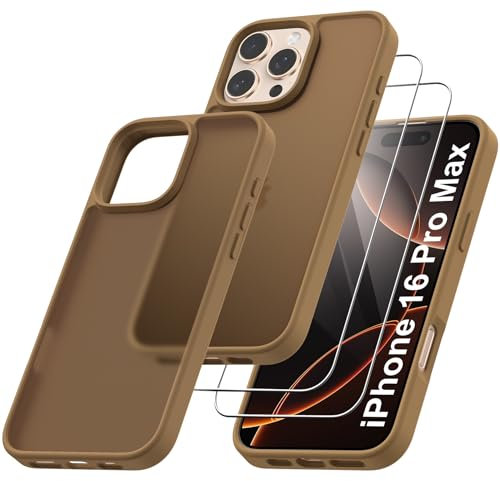 Qasyfanc Matt Cover Case Compatible with iPhone 16 Pro Max 6.9 with 2 Pack Tempered Glass Screen Protector, Non-Yellowing Shockproof Phone Bumper Cover Hard PC Anti-Scratch Case Brown