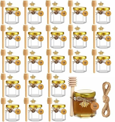 Lot de 20 pots de miel, petits pots de confiture de 45 ml avec cuillère à miel, couvercle doré, pendentif abeille, jute, cartes de remerciement - Parfait pour les baby showers