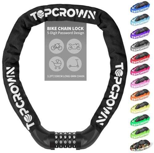 Topcrown Bike Chain Lock 3.2Ft Long High Security Heavy Duty Anti Theft, 5 Digit Combination Resettable Keyless Bicycle Lock for Bike/Electric Scooter/Ebike/Motorcycle(Dark Black)