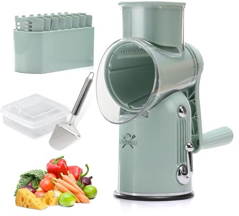 5-in-1 Rotary Cheese Grater with Hand Crank – Multi-Functional Food Slicer, Shredder & Grater for Cheese, Vegetables, Nuts – Easy-Clean Vegetable Grater, Cheese Shredder & Food Shredder (Green)