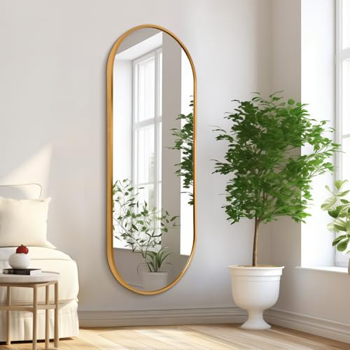 HLFMVWE Miroir de salle de bain doré ovale pleine longueur, 120 x 40 cm, miroir de courtoisie rectangulaire en forme de pilule, miroir mural décoratif avec cadre en aluminium en capsule pour entrée de