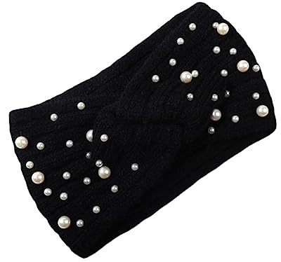 Geflochtenes Haarband mit Perlen, Gestrickt, 1 Stück, Flanell, Damen | Schwarz, Elastisch und Warm für Winter, Shopping, Running, Hält Haare Ordentlich