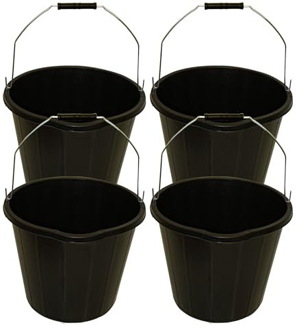 KMJ 4 Pack 14L- 3 Gallon Heavy Duty Black Builders' Bucket, Sturdy Car Wash Bucket with Handles, Premium Black Plastic Water Buckets for Cleaning, Construction Work, Animal Feeding, Gardening etc.
