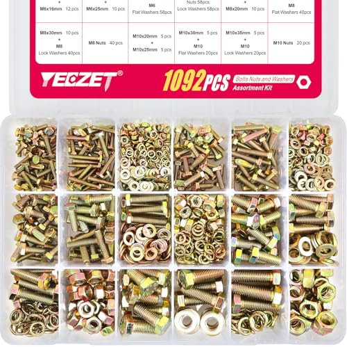 YEEZET 1092pcs M4 M5 M6 M8 M10 Schrauben und Muttern Kit, Klasse 8,8 Heavy Duty Sechskantschrauben Sortiment Set, 21 Gebräuchlichste Größen, Gelbe Verzinkung