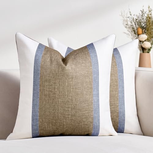 DecorMommt Kissenbezug 40x40 Baumwolle Leinen Kissenhülle Streifen Kissenbezüge Braun Patchwork Dekorative Kissenbezug Dekokissen Couchkissen Bezug für Sofa Büro Couch Schlafzimmer Wohnzimmer