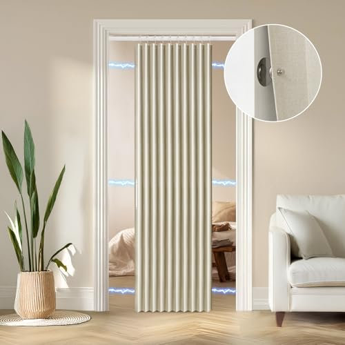 RINHARTEX Verdunkelungsvorhang, plissiert, magnetischer Türvorhang, Akkordeon-Tür, Innenschrank, Falttür, Raumteiler, unsichtbar, anwendbar, Schlafzimmer, Zimmer, Wohnzimmer (132 x 198 cm, Cremebeige)