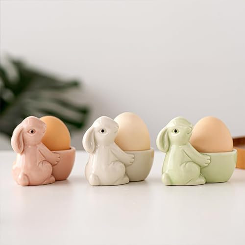 Eeierbecher Ostern Kaninchen Eierbecher Porzellan, 3er Set Keramik Ostern Deko Hase Eierständer, Kaninchen Eierhalter Lustig Eierbecher für Tischdeko Ostergeschenke
