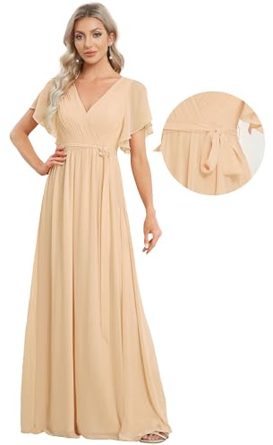 Ever-Pretty Women's Maxi Empire Waist V Neck Short Sleeve Floor Length Chiffon Evening Long Dresses Champagne 20UK