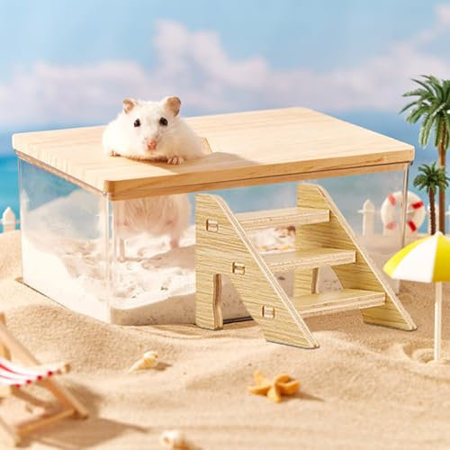 Hamster Sandbad,Hamster Sandbad Container,Transparentes Hamster Sandbad mit Holzdeckel,Hamster-Badewanne Box,für Syrischen Hamster Meerschweinchen Ratte Mäuse (Quadratische Badewanne + Leiter)