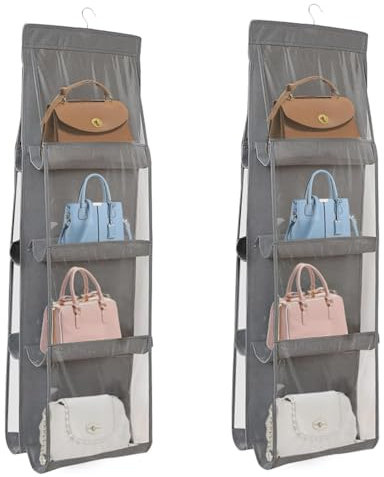 HO2NLE 2 PCS Hanging Handbag Organizer 8 Pockets Hanging Purse Organizer Foldable Handbag Storage Organiser Dust Proof Storage Holder Bag Wardrobe Family Closet Bedroom Space Saving