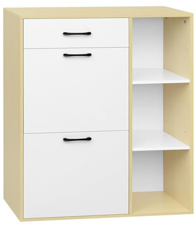 WOLTU Schuhkipper, Schuhschrank mit 2 Klappfächern, Schuhregal Schuhorganizer Schuhständer schmal hoch, mit Schublade offenen Fächern, platzsparend, aus Holzwerkstoff, Weiß + Naturholzfarbe