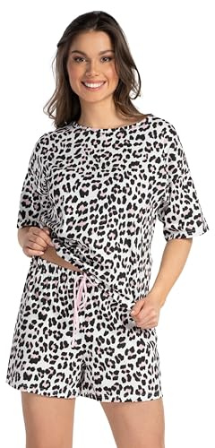 Mademoiselle Sommeil Damen Shorty Schlafanzug – 100% Baumwolle – Halbarm & Shorts – Animal-Print in Schwarz & Rosé – Hautfreundlich & Luftig
