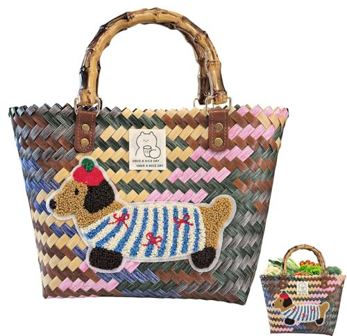 Einkaufskorb Geflochten aus Kunststoff, Strandtasche Stroh Groß, Korbtasche Handtasche, Strohtasche, Vintage Basttaschen Damen Sommer, Wasserdicht Einkaufstasche Geflochtene Tasche (Dackel)
