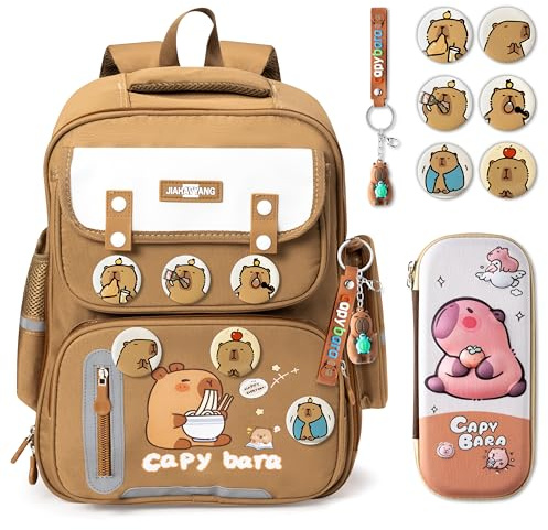 Wood Homing Capybara Sac d'école avec bande réfléchissante de grande capacité pour garçon et fille - Sac à dos avec trousse à crayons, badge et porte-clés - Étanche - Multi-compartiments - Pour
