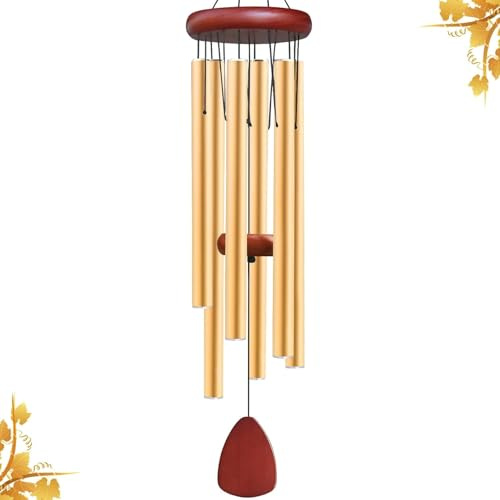Windspiele, 65cm Aluminium Windspiel 6 Metallröhren Klangspiele für draußen, Garten, Terrasse Dekoration mit Windfänger, klassisch （Gold