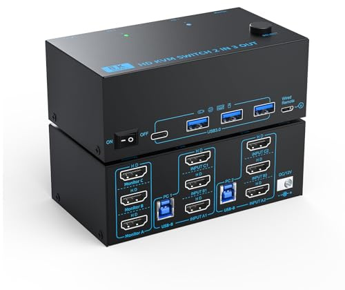 8K KVM Switch 3 Monitores 2 PC 3 Port HDMI Dual PC Triple Monitor 2 PC 8K @ 60Hz/4K @ 120Hz 2 IN 3 OUT USB 3.0 KVM Switches, Wired Remote & USB 3.0 Cables & Power Cable Included