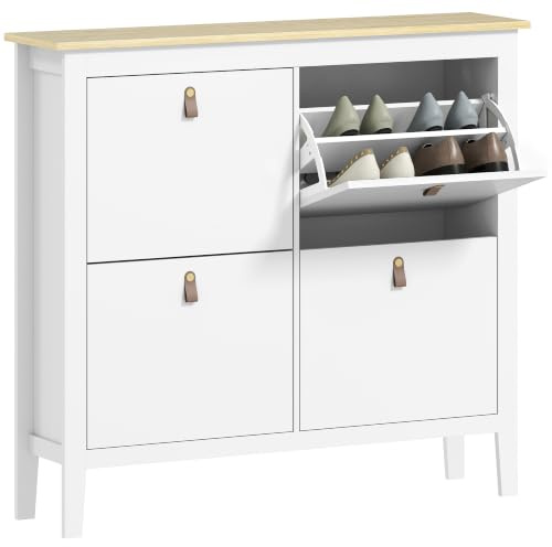 HOMCOM 4 Drawer Shoe Cabinet Flip Doors 20 Pairs 105 x 24 x 95.5 cm White | Narrow Shoe Storage Cabinet, Removable and Adjustable Shelves, Footwear Cupboard, Hallway, Entryway