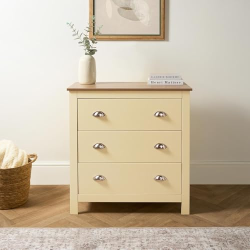 OHS 3 Drawer Bedside Tables, Chicago Modern Wooden Bedside Tables Decorative Nightstand Side Table Storage Unit End Tables for Living Room Bedroom Hallway, Cream - 79 x 40 x 81cm