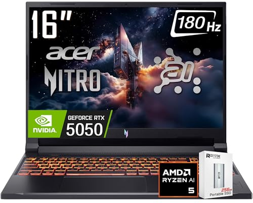 acer Nitro V 16 AI Gaming Laptop, 16 WUXGA IPS180Hz Display, AMD Ryzen 5 240, NVIDIA GeForce RTX 5050 8GB GDDR7 Graphics, 32GB DDR5, 1TB Gen4 SSD, WiFi 6E, RGB Backlit KB, Win11 Home, W/256GB PSD
